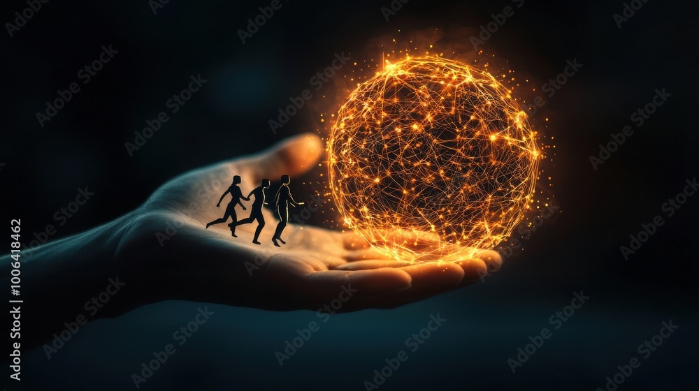 Poster a hand holding a glowing orb with abstract figures of people running towards it, teamwork and collec