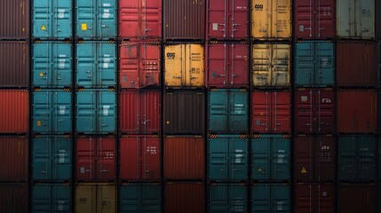 Fototapeta premium Global shipping concept with containers stacked on a large freight ship bound for international destinations. No logos.