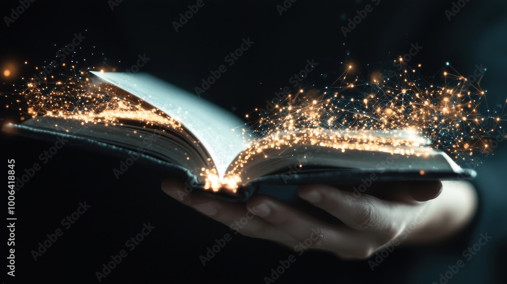 Poster a hand holding an open book, with bright streams of light flowing out of it, connecting to a network