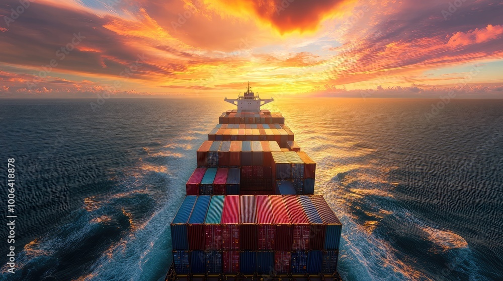 Poster global shipping route featuring a large container ship transporting goods across the ocean for expor