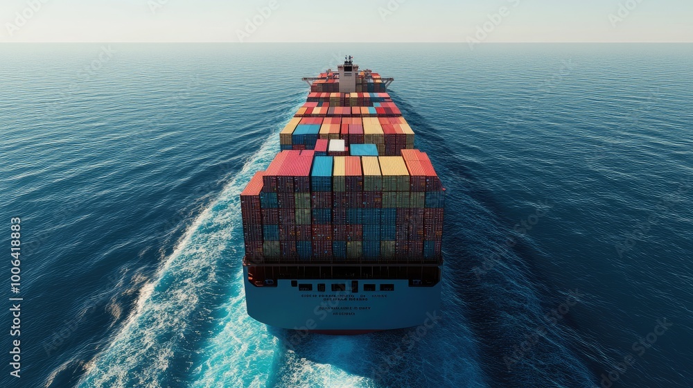 Poster global shipping route featuring a large container ship transporting goods across the ocean for expor