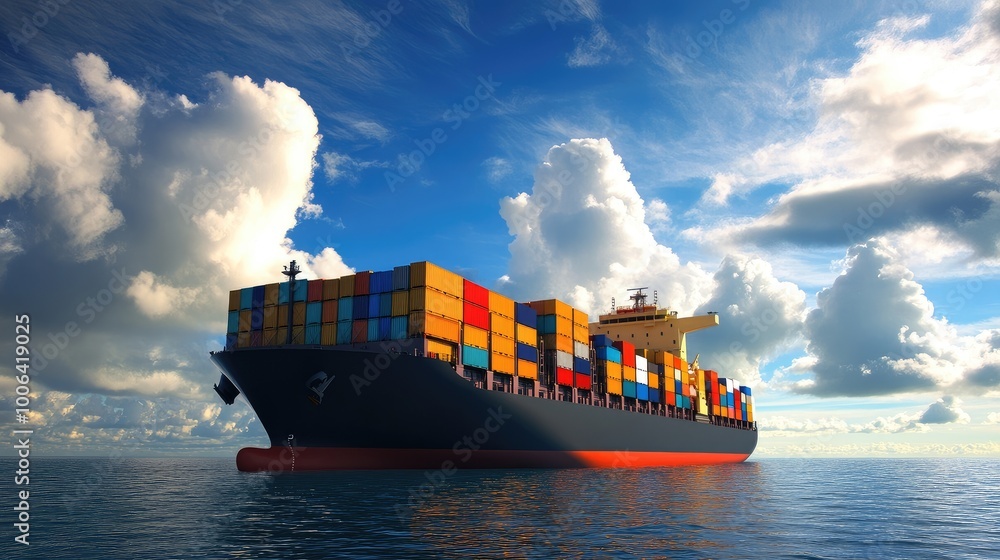 Poster global shipping route featuring a large container ship transporting goods across the ocean for expor