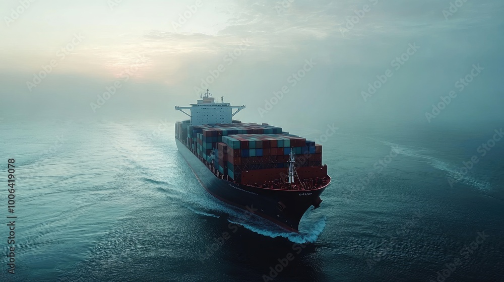 Poster global shipping route featuring a large container ship transporting goods across the ocean for expor
