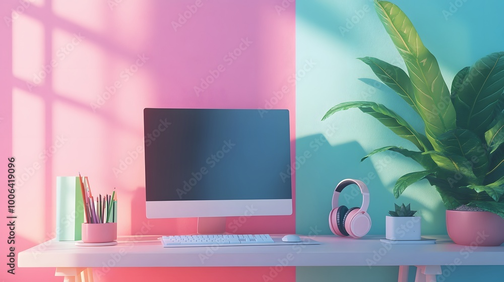 Poster front view of an working interior with colorful empty room, computer、green plant、headphones on the t