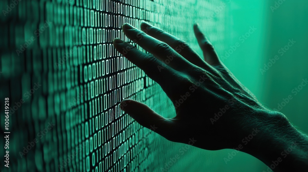 Poster a hand reaching out to touch a mirror, with the reflection made up of binary code, suggesting the di