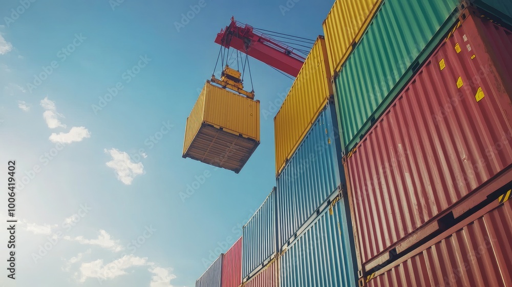 Poster industrial crane hook hoisting multiple colorful containers, focusing on export and global shipping.
