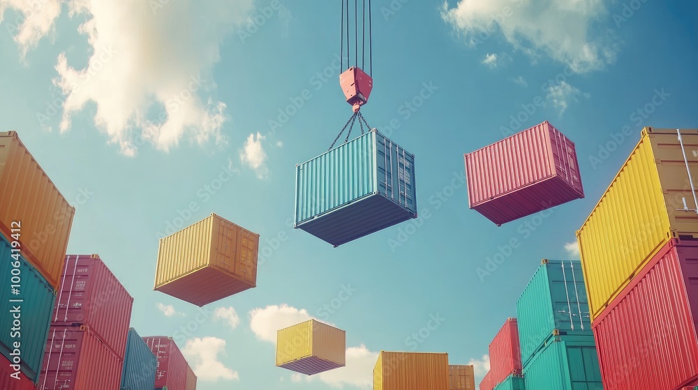 Poster industrial crane hook hoisting multiple colorful containers, focusing on export and global shipping.