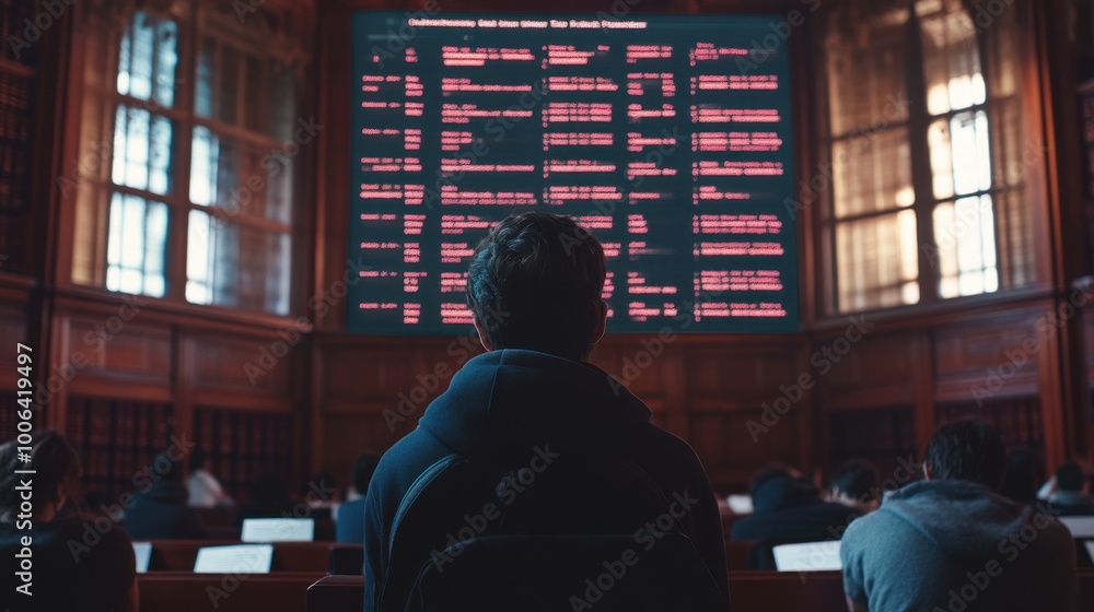 Poster end-of-semester exam results on a digital screen as students anxiously check their grades in a unive