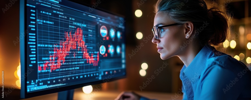 Aufkleber analyzing data on computer screen during a presentation.