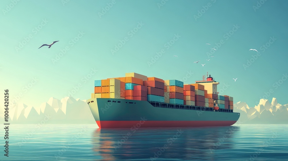 Poster international shipment in progress with a cargo ship full of containers navigating the seas. export-