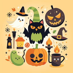 Halloween Jack-o-Lantern Pumpkins on rustic wooden background