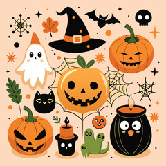 Halloween Jack-o-Lantern Pumpkins on rustic wooden background