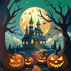 Halloween Jack-o-Lantern Pumpkins on rustic wooden background