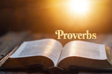 Obraz premium The word Proverbs in gold letters over an open scroll on a wooden table with light shining from the top.