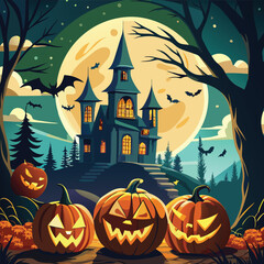 Halloween Jack-o-Lantern Pumpkins on rustic wooden background