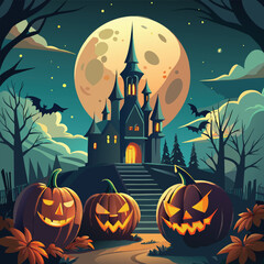 Halloween Jack-o-Lantern Pumpkins on rustic wooden background