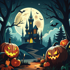 Halloween Jack-o-Lantern Pumpkins on rustic wooden background