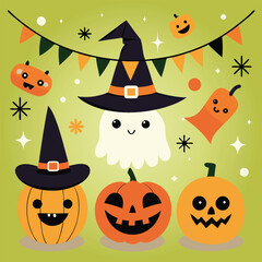 Halloween Jack-o-Lantern Pumpkins on rustic wooden background