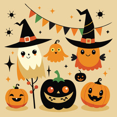 Halloween Jack-o-Lantern Pumpkins on rustic wooden background