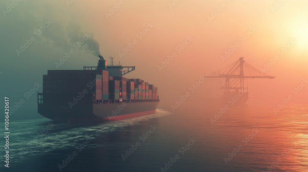 Poster international shipment in progress with a cargo ship full of containers navigating the seas. export-