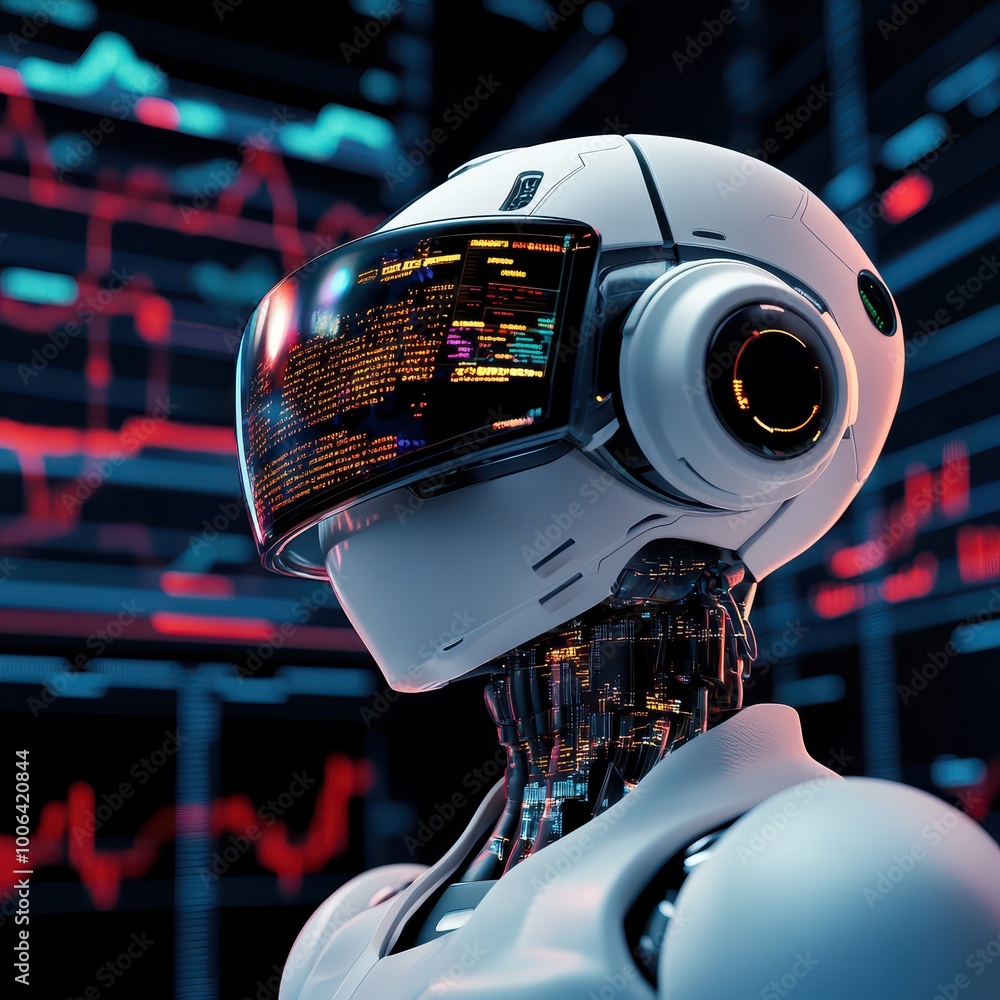 Poster futuristic robot with advanced technology, white isolate background.