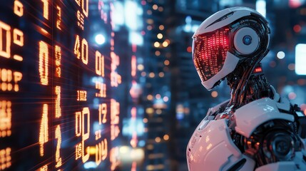 Fototapeta premium Futuristic robot with illuminated interface in a digital environment, showcasing advanced AI technology.