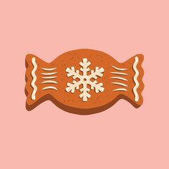 Gingerbread candy-shaped cookie with white icing and a snowflake design in the center. Ideal for holiday cards, festive designs, and Christmas-themed projects.