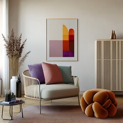  Stylish living room with a mid-century modern chair, colorful pillows, and a unique knot cushion, creating a cozy and contemporary space. Mock up poster. 