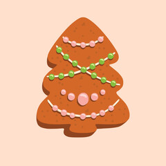 Christmas tree-shaped gingerbread cookie decorated with colorful icing in green, pink, and white. Great for holiday designs, festive cards, and seasonal packaging.
