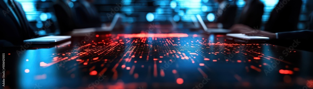 Poster futuristic workspace with glowing data visuals, ideal for technology-related content.