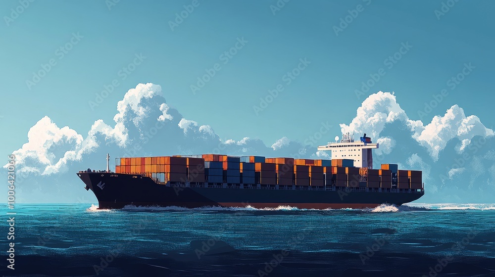 Poster international shipping in progress with a fully loaded container ship sailing through the ocean. exp