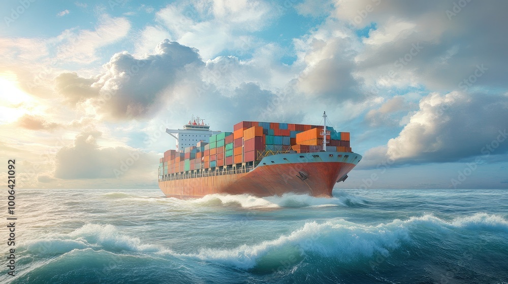 Poster international shipping in progress with a fully loaded container ship sailing through the ocean. exp