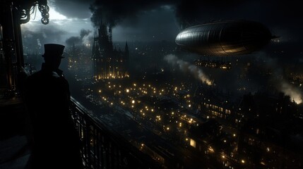 Obraz premium An intriguing steampunk cityscape illuminated at night. A silhouetted figure oversees the scene, where an airship hovers above the bustling city streets.