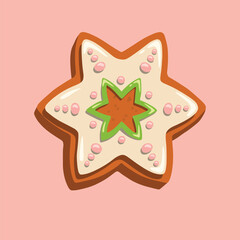 Star-shaped gingerbread cookie with a green icing center and white decorative icing. Perfect for holiday cards, festive packaging, and Christmas-themed projects.