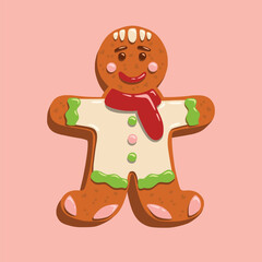 Gingerbread man cookie decorated with icing, featuring a red scarf, green buttons, and white details. Ideal for Christmas cards, festive packaging, and seasonal designs.