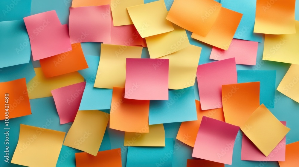 Poster vibrant creative brainstorming session with colorful post-it notes spread out on table