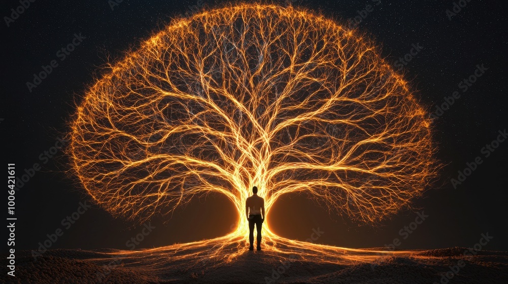 Poster a human figure standing in front of a large, glowing digital tree with branching paths, each branch 