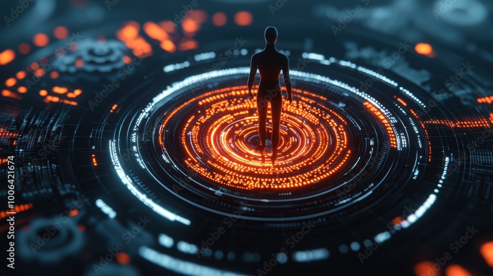 Poster a human figure standing on a glowing platform, surrounded by spinning gears and data charts, efficie