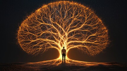 A human figure standing in front of a large, glowing digital tree with branching paths, each branch representing a new skill or competency in the professional world