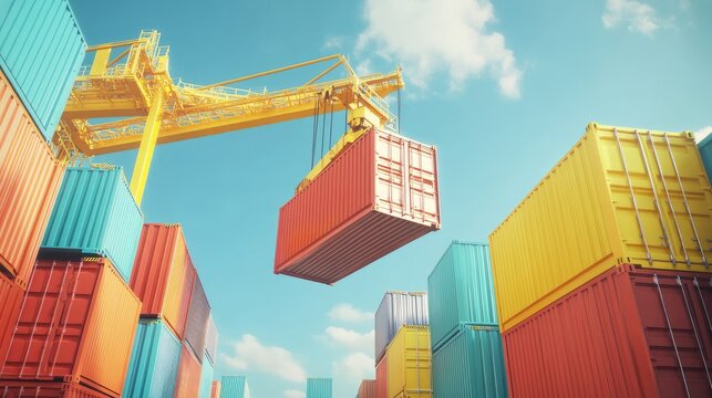 Large crane lifting colorful containers at a shipping terminal, highlighting freight forwarding logistics. No logos or people present.