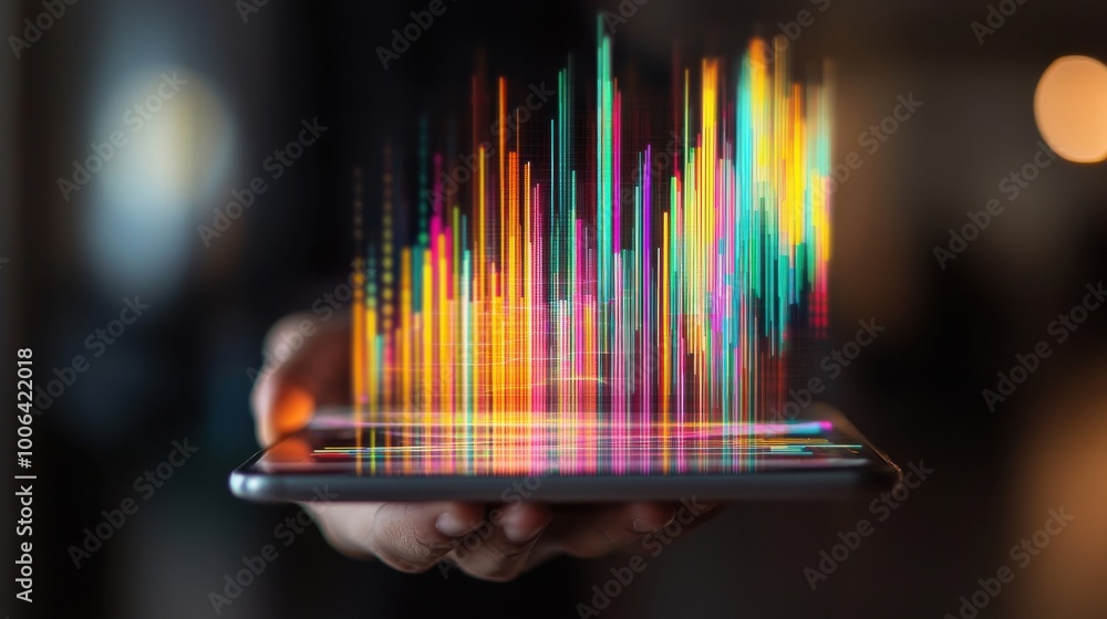 Poster a human hand holding a futuristic tablet with a holographic chart showing two unequal bars, represen