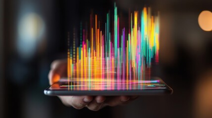 A human hand holding a futuristic tablet with a holographic chart showing two unequal bars, representing the visualization of a skill gap analysis in progress