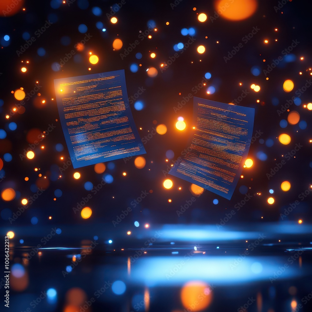 Poster two floating documents with vibrant bokeh lights in the background, ideal for digital design or abst