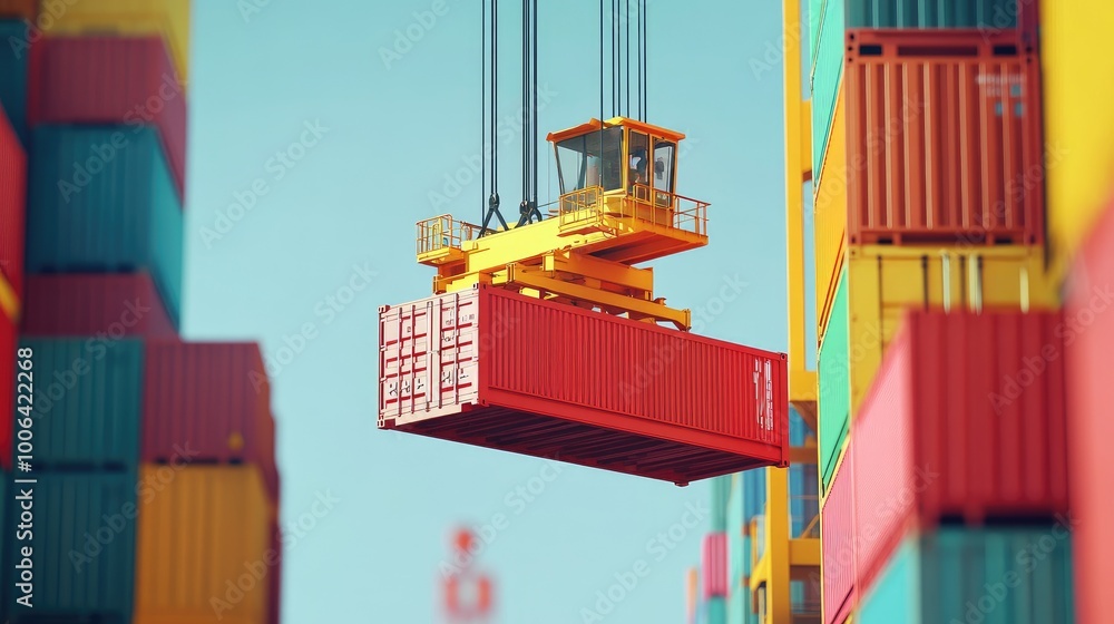 Poster large crane with colorful containers in transit, representing global freight forwarding processes. n