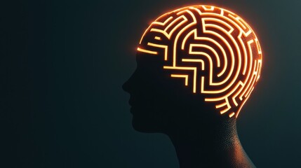 A human head silhouette with a maze inside, the complexity of decision-making, with a glowing path leading to the exit representing the right choice