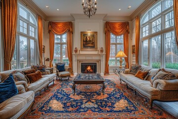 Fototapeta premium Traditional Living Room A classic living room with a fireplace, comfortable seating, and traditional decor. Include a large rug and elegant curtains. 