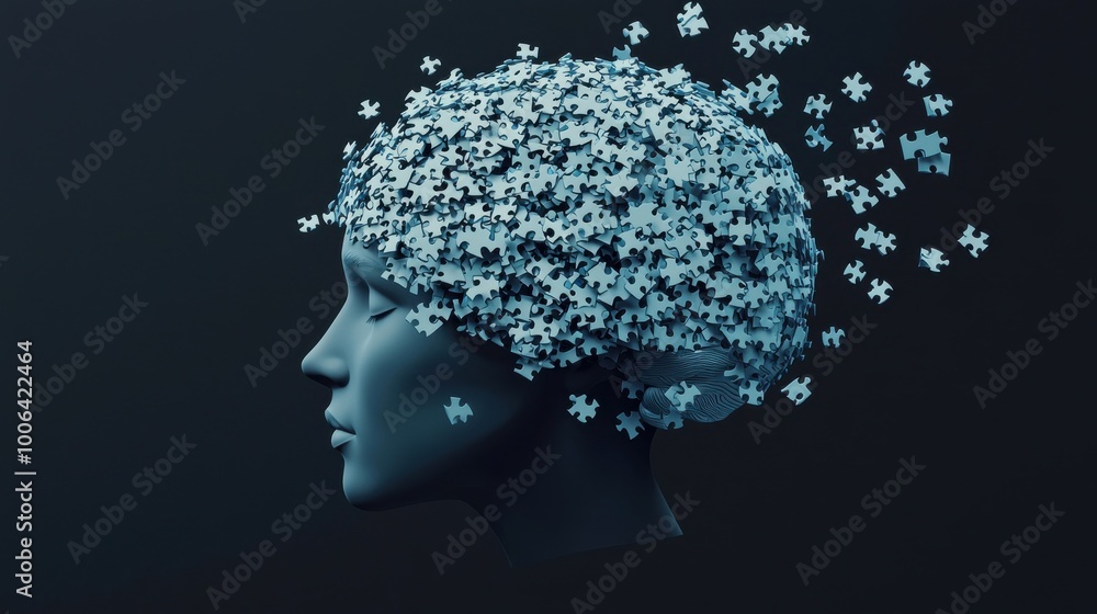 Poster a human mind made of puzzle pieces, with various pieces floating out and forming different ideas, re