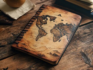 Wooden notebook with a vintage world map design, placed on a rustic wooden table.
