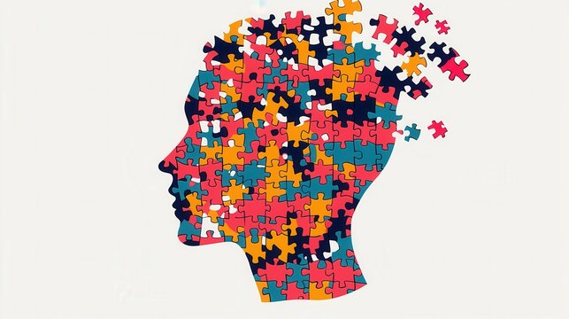 A human silhouette made of puzzle pieces, with new pieces being added in bright colors, representing the continuous personal and professional growth of leadership