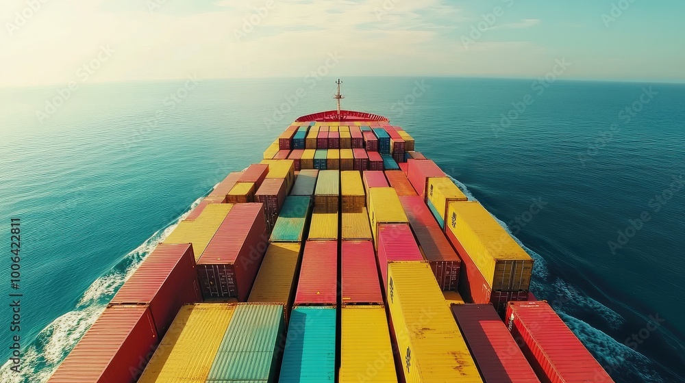 Poster massive freight ship transporting colorful containers across the ocean, emphasizing global export-im